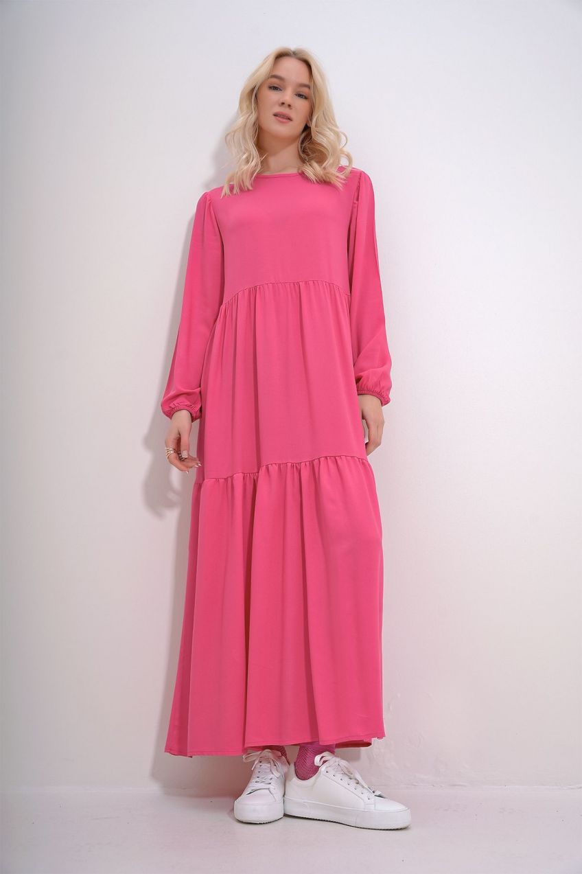 Trend Alaçatı Stili Women's Fuchsia Boat Neck Balloon Sleeve Layered Flounced Waist Belted Woven Viscose Dress