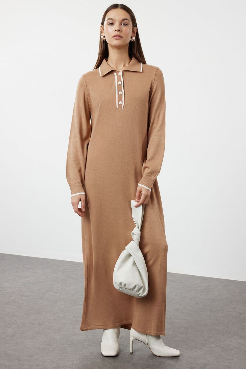 Trendyol Camel Piping Polo Neck Knitwear Dress