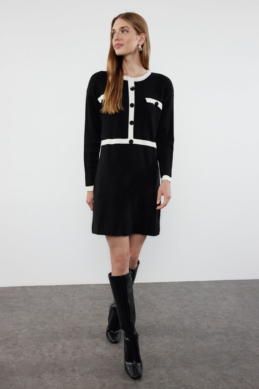 Trendyol Black Mini Knitwear Color Block Dress