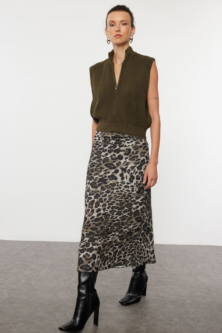 Trendyol Khaki Leopard Patterned Satin Midi Length Woven Skirt