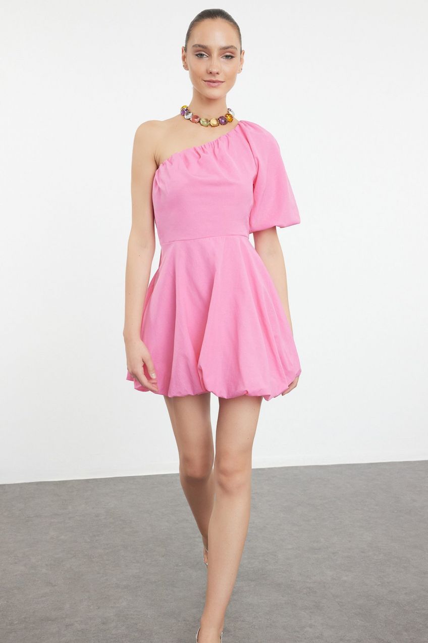 Trendyol Pink A-Line One Shoulder Balloon Skirt Detailed Woven Poplin Short Dress