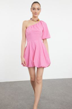 Trendyol Pink A-Line One Shoulder Balloon Skirt Detailed Woven Poplin Short Dress