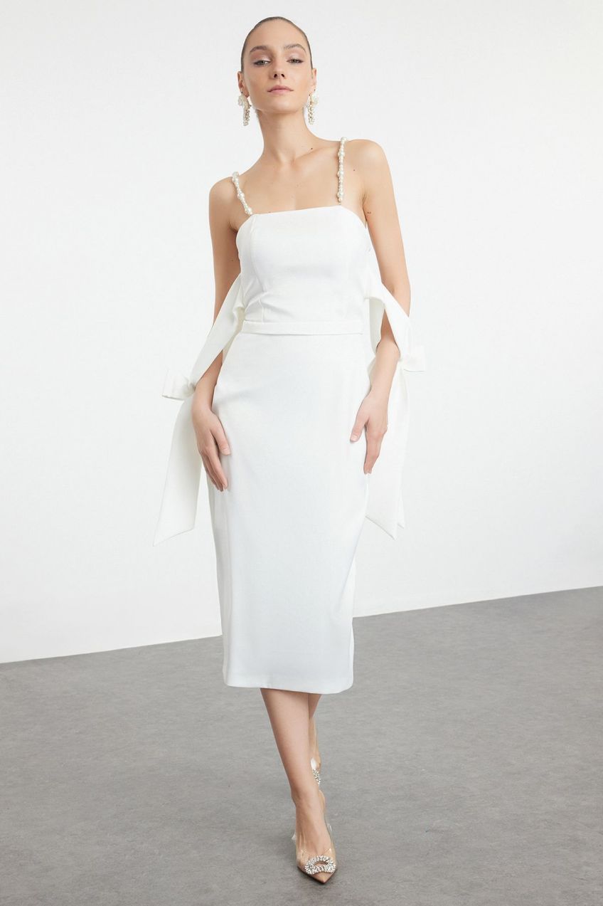 Trendyol White Sleeve Detailed Satin Woven Dress