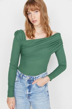 Trendyol Emerald Green Asymmetric Collar Draped Fitted/Situated Crepe Knitted Bodysuit