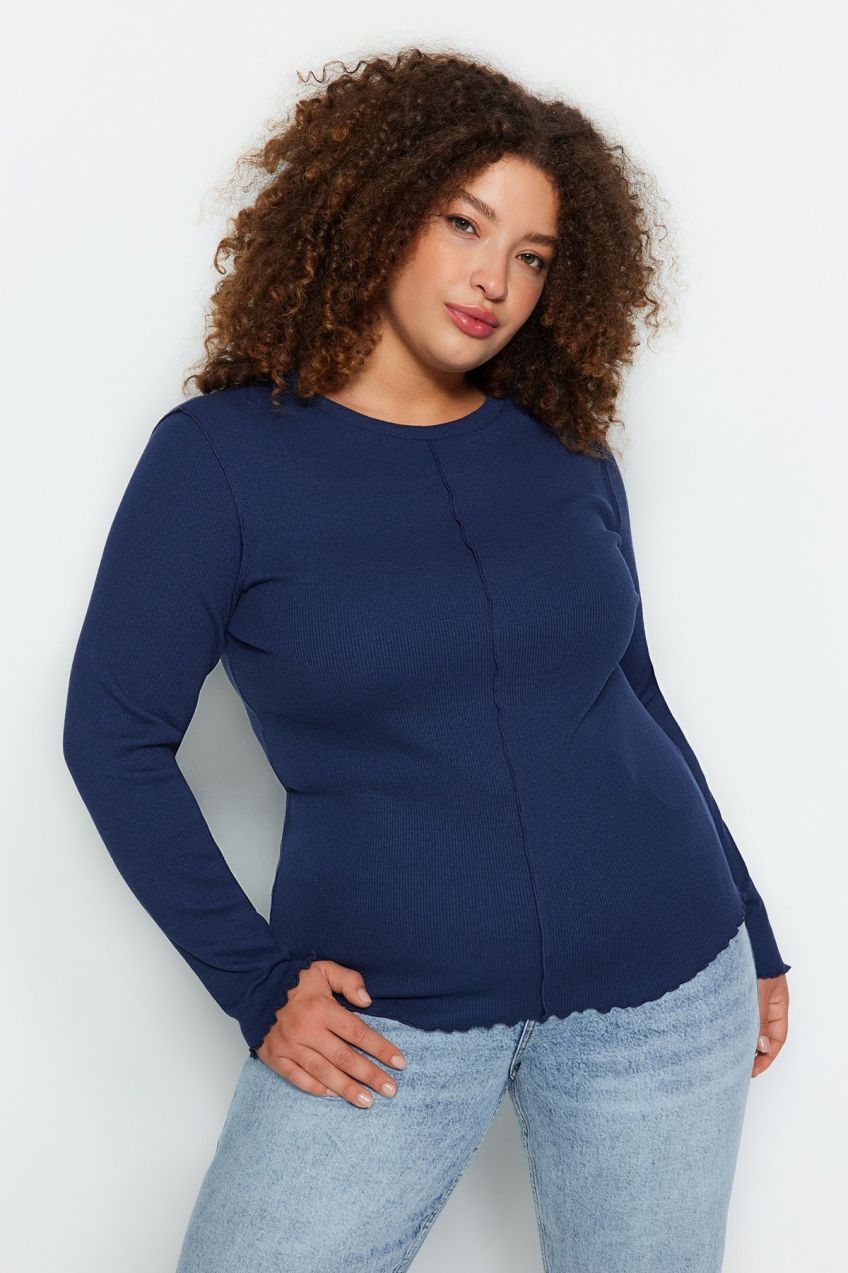 Trendyol Curve Navy Blue Crew Neck Corded Knitted Blouse