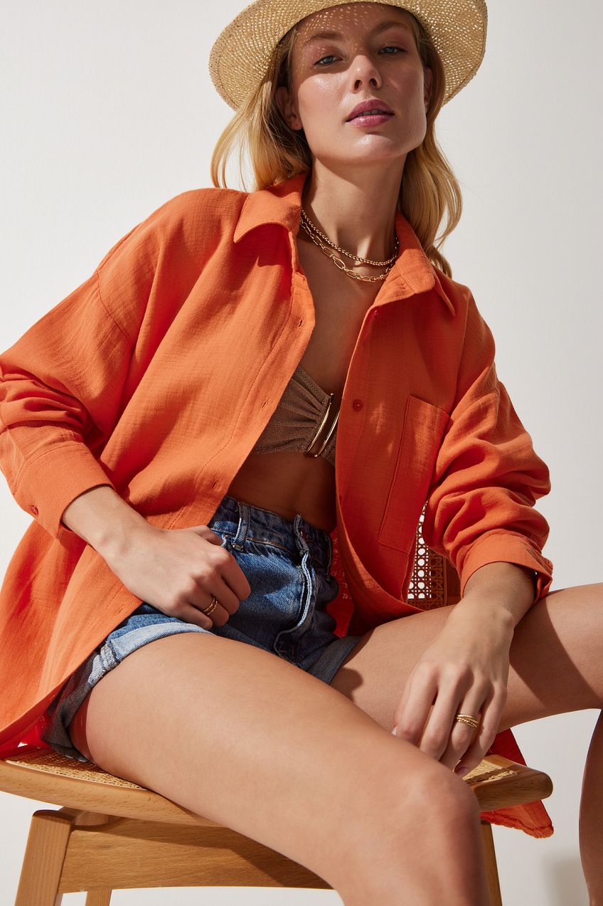 Happiness İstanbul Women's Orange Pocket Oversize Muslin Shirt