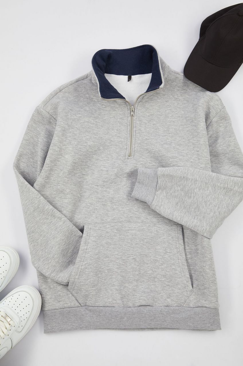 Trendyol Grey Melange Oversize/Wide Cut Stand Collar Sweatshirt