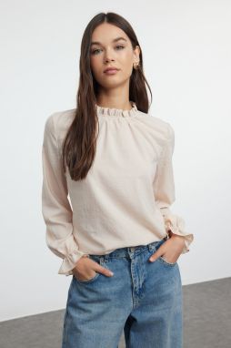 Trendyol Stone High Collar Long Sleeve Woven Blouse