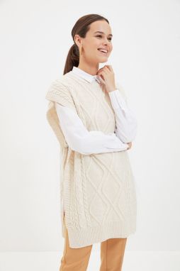 Trendyol béžová kravata Waist Pletený sveter s vrkočmi