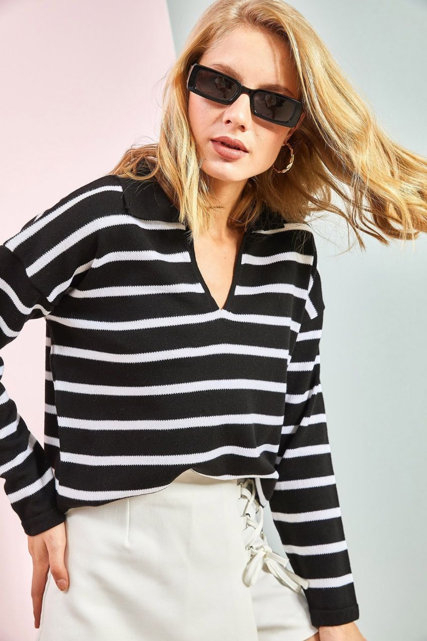 Bianco Lucci Women's Stripe Patterned Polo Neck Knitwear Sweater
