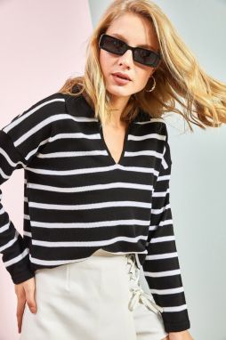 Bianco Lucci Women's Stripe Patterned Polo Neck Knitwear Sweater