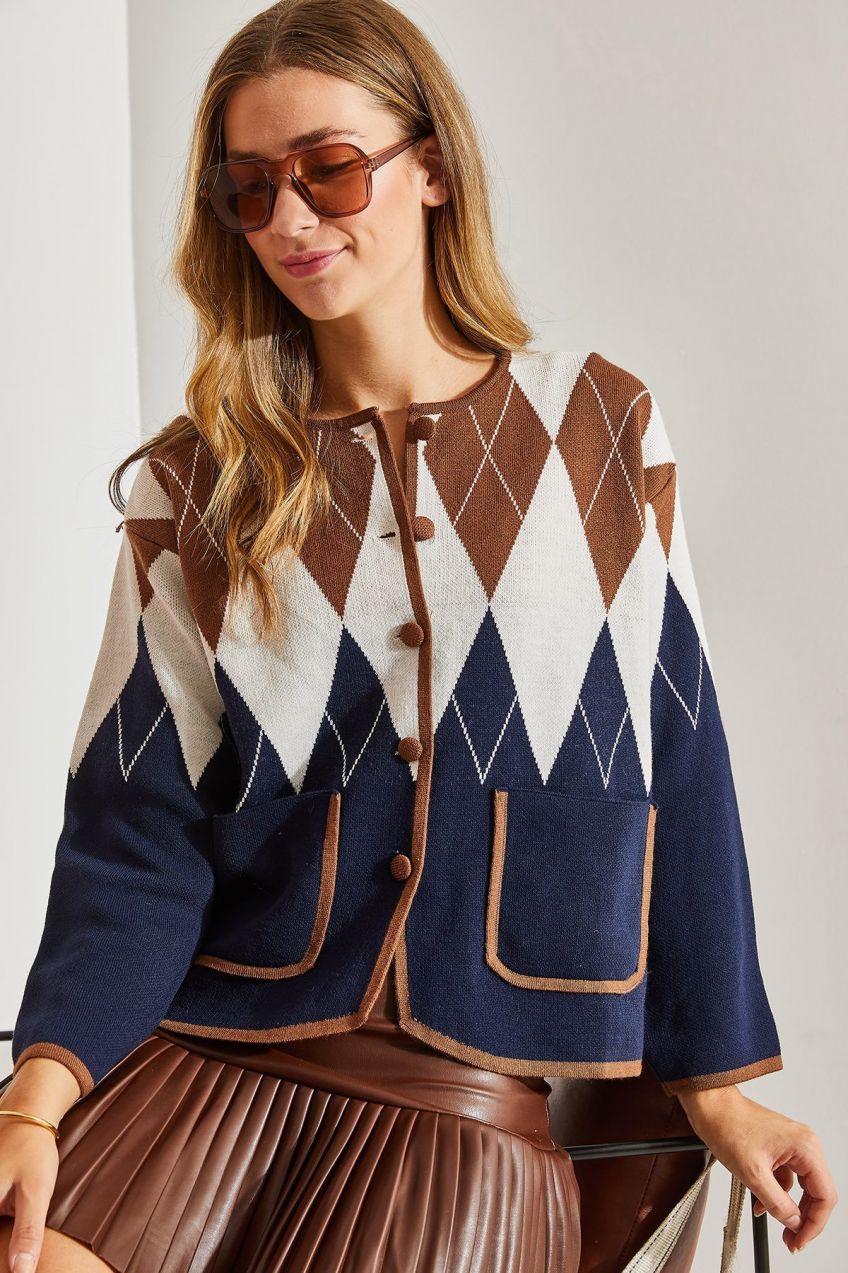Bianco Lucci Women's Diamond Patterned Knitwear Cardigan