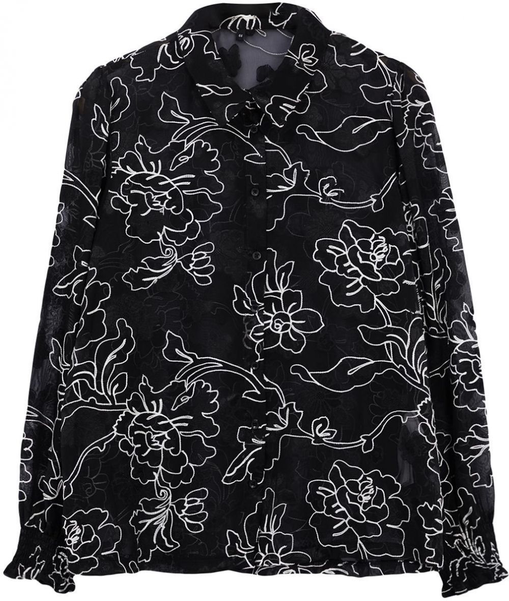 Trendyol Curve Black-White Floral Sleeveless Transparent Woven Plus Size Shirt