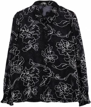Trendyol Curve Black-White Floral Sleeveless Transparent Woven Plus Size Shirt