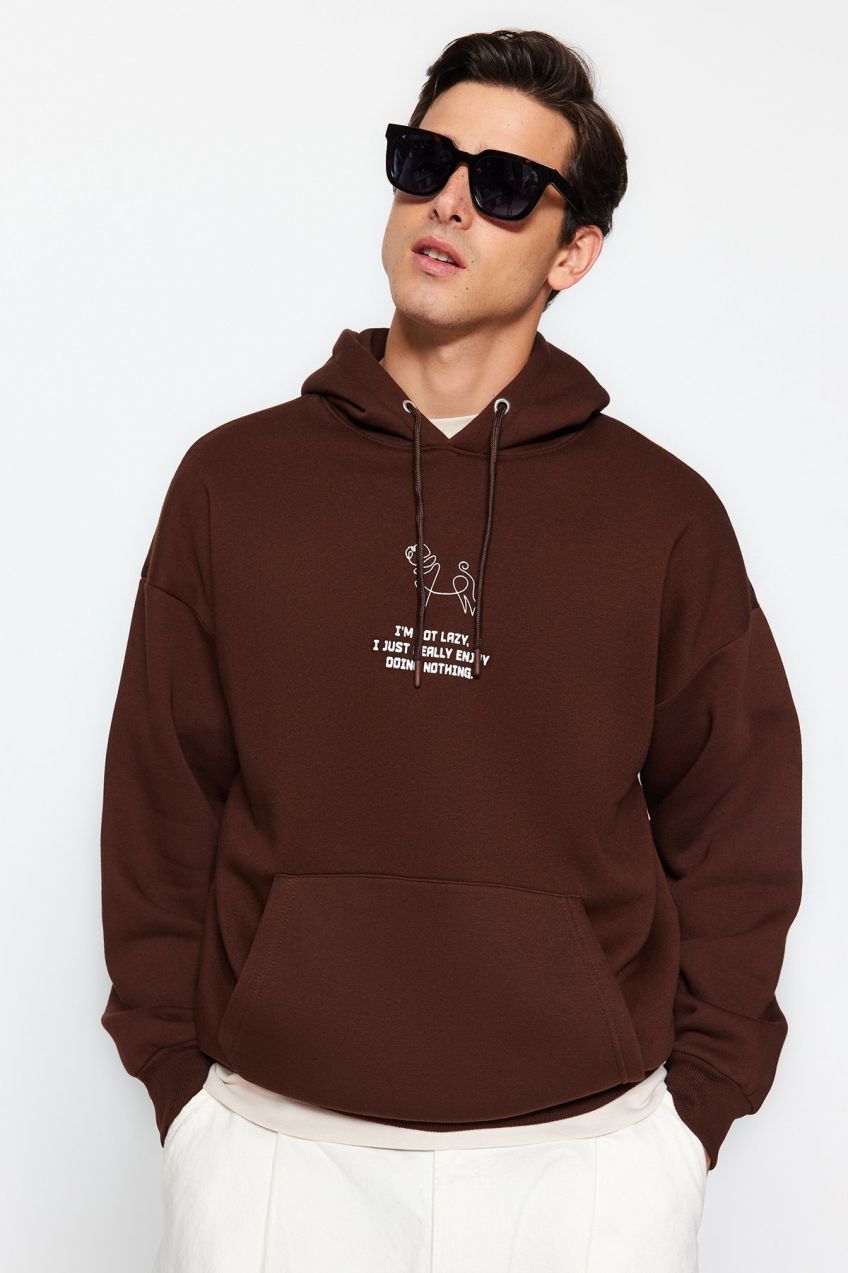 Trendyol Brown Oversize Puffy Animal Print Hooded Sweatshirt