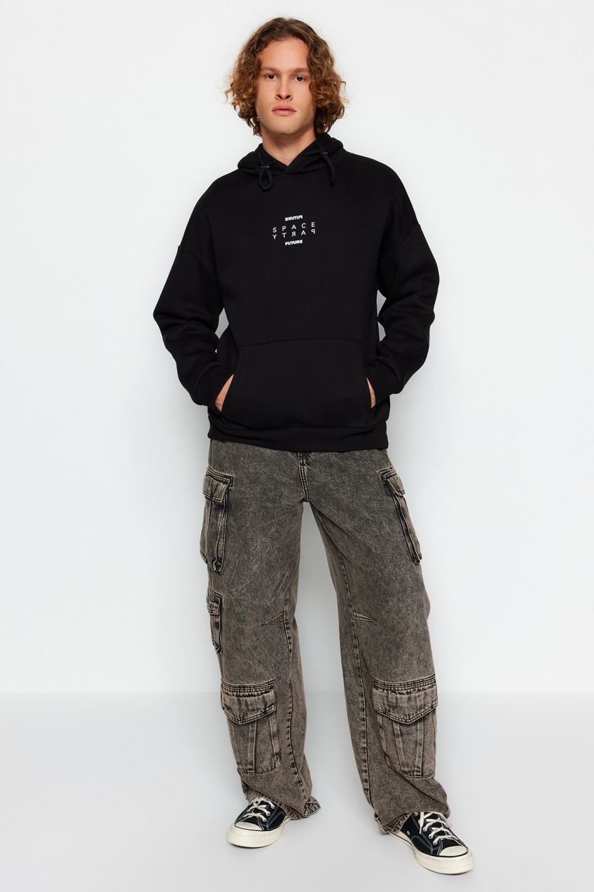 Trendyol Black Regular Fit Hooded Reflective Text Printed Sweatshirt
