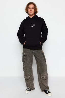 Trendyol Black Regular Fit Hooded Reflective Text Printed Sweatshirt