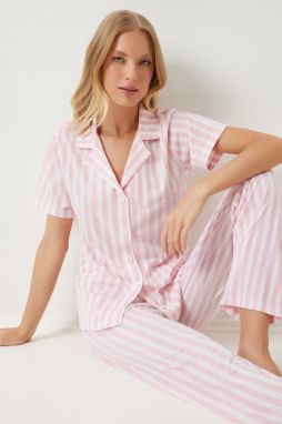 Happiness İstanbul Women's Light Pink White Striped Shirt Pants Pajama Set