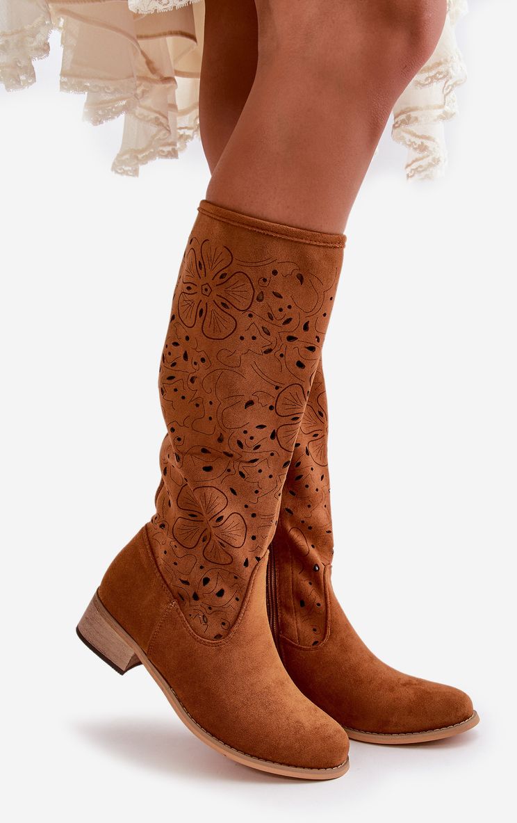 Openwork women's low-heeled boots eco suede zippered Camel Orchides
