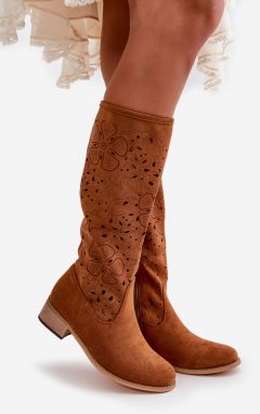 Openwork women's low-heeled boots eco suede zippered Camel Orchides