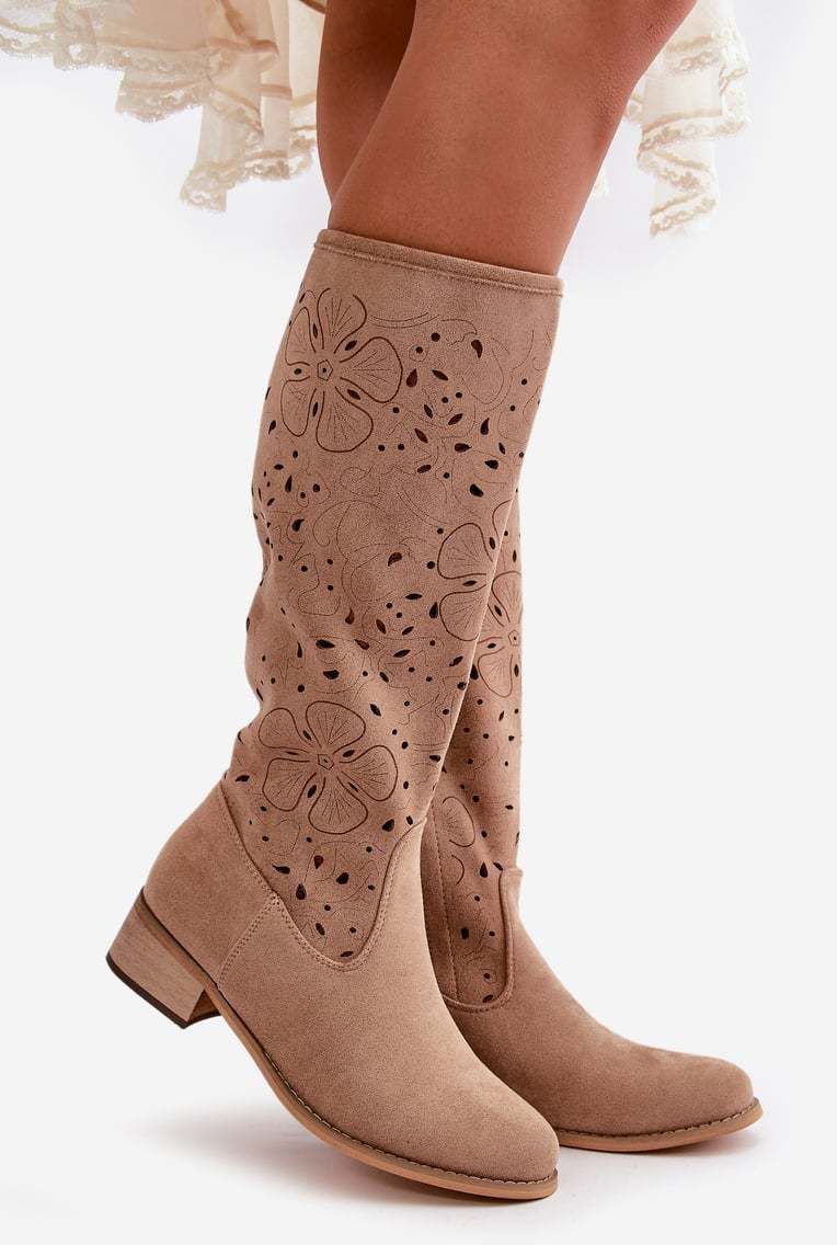 Openwork women's boots on a low heel eco suede fastened with a zipper dark beige orchids