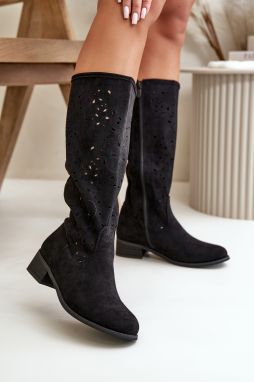 Openwork women's boots on a low heel eco suede zipped black orchids