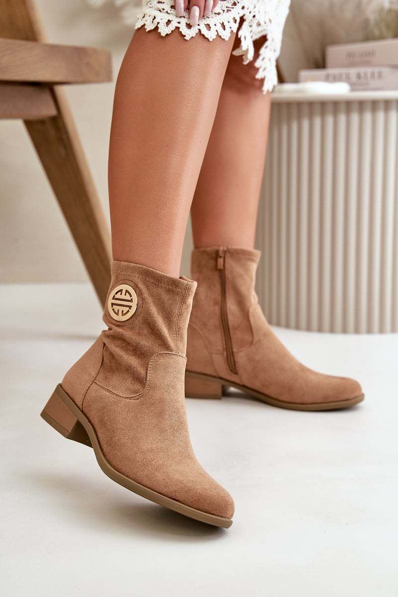 Women's ankle boots with zip with decorative detal Eco suede beige Lerioria