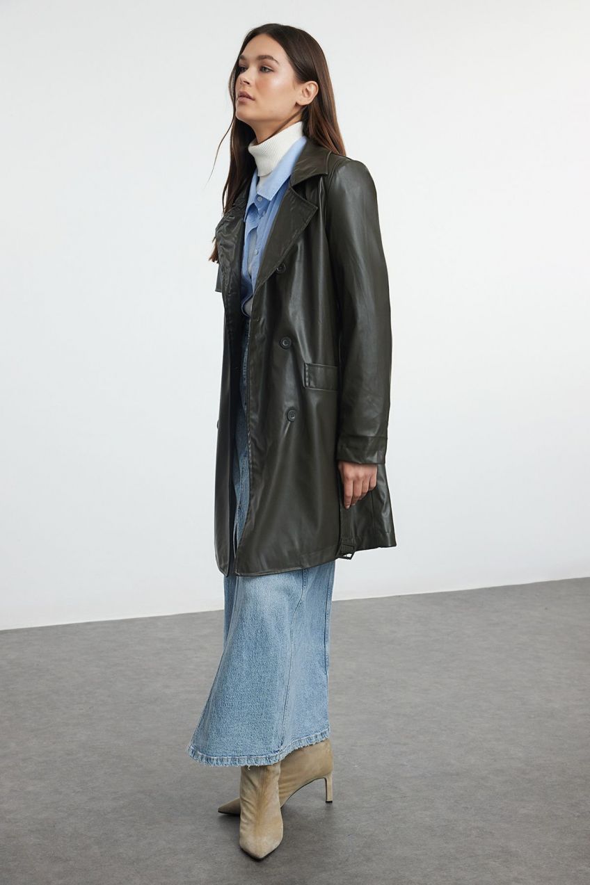 Trendyol Dark Khaki Faux Leather Regular Trench Coat