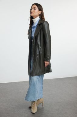Trendyol Dark Khaki Faux Leather Regular Trench Coat