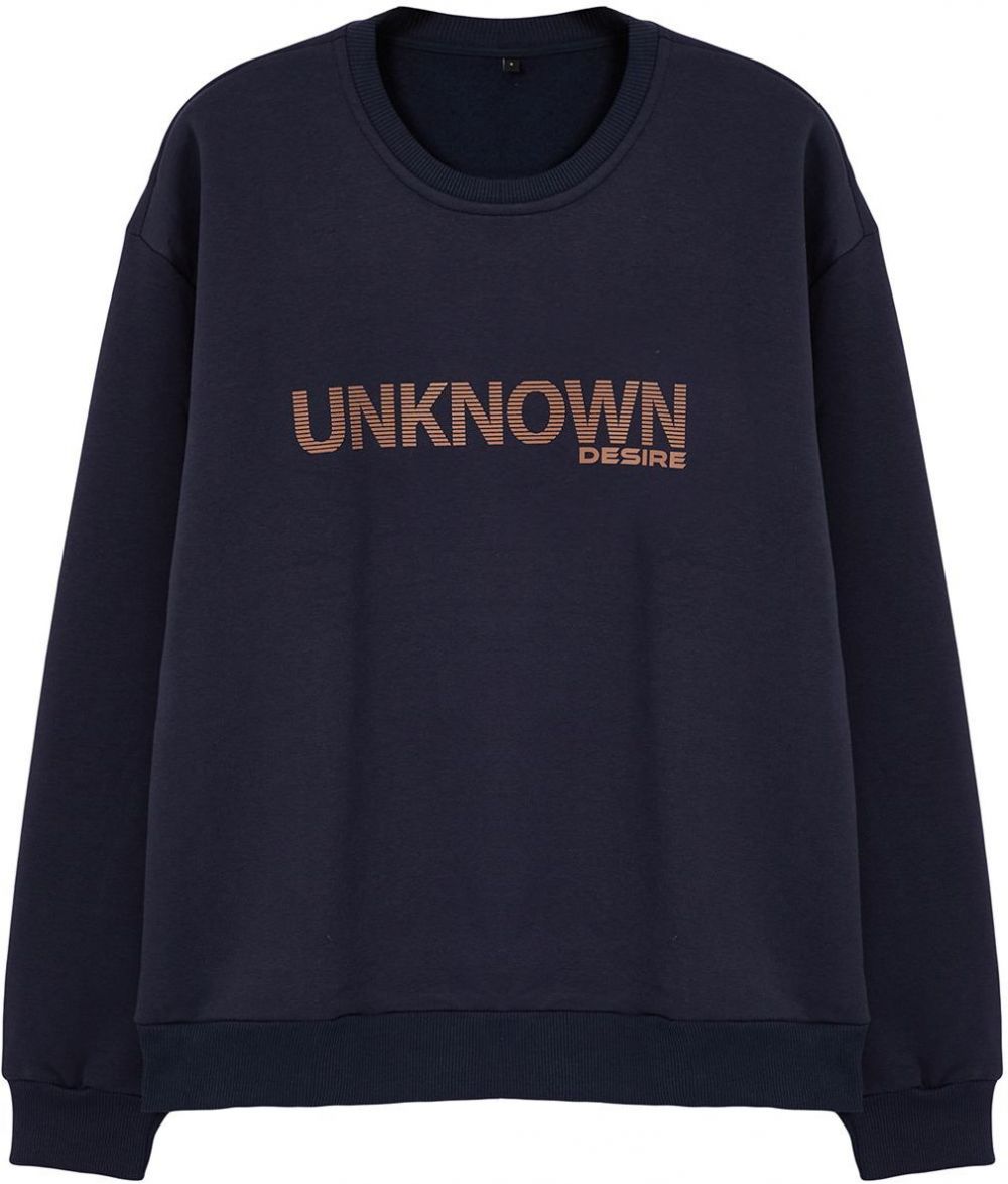 Trendyol Navy Blue Oversize/Wide Cut Text Printed Crew Neck Sweatshirt with Fleece Inside