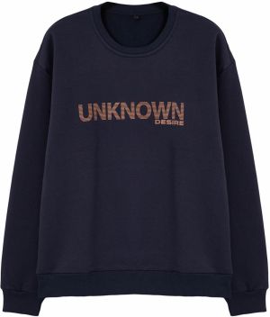Trendyol Navy Blue Oversize/Wide Cut Text Printed Crew Neck Sweatshirt with Fleece Inside