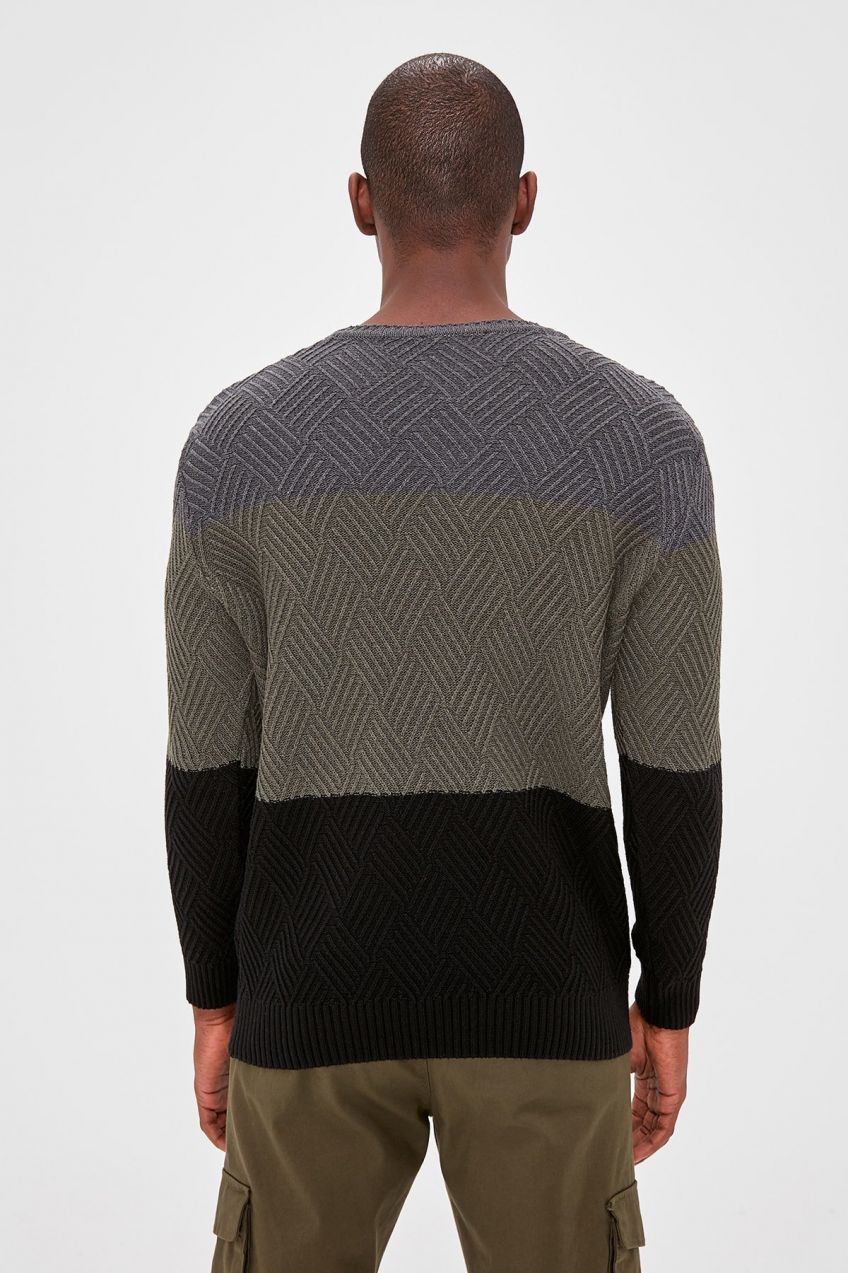 Trendyol Khaki Regular Crew Neck Color Block Knitwear Sweater