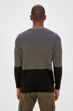 Trendyol Khaki Regular Crew Neck Color Block Knitwear Sweater