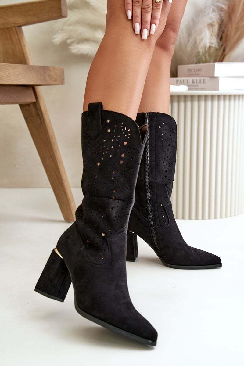 Openwork Ankle Boots Women's Pointed Toe Heel Eco Suede Black Nevithra