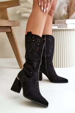 Openwork Ankle Boots Women's Pointed Toe Heel Eco Suede Black Nevithra