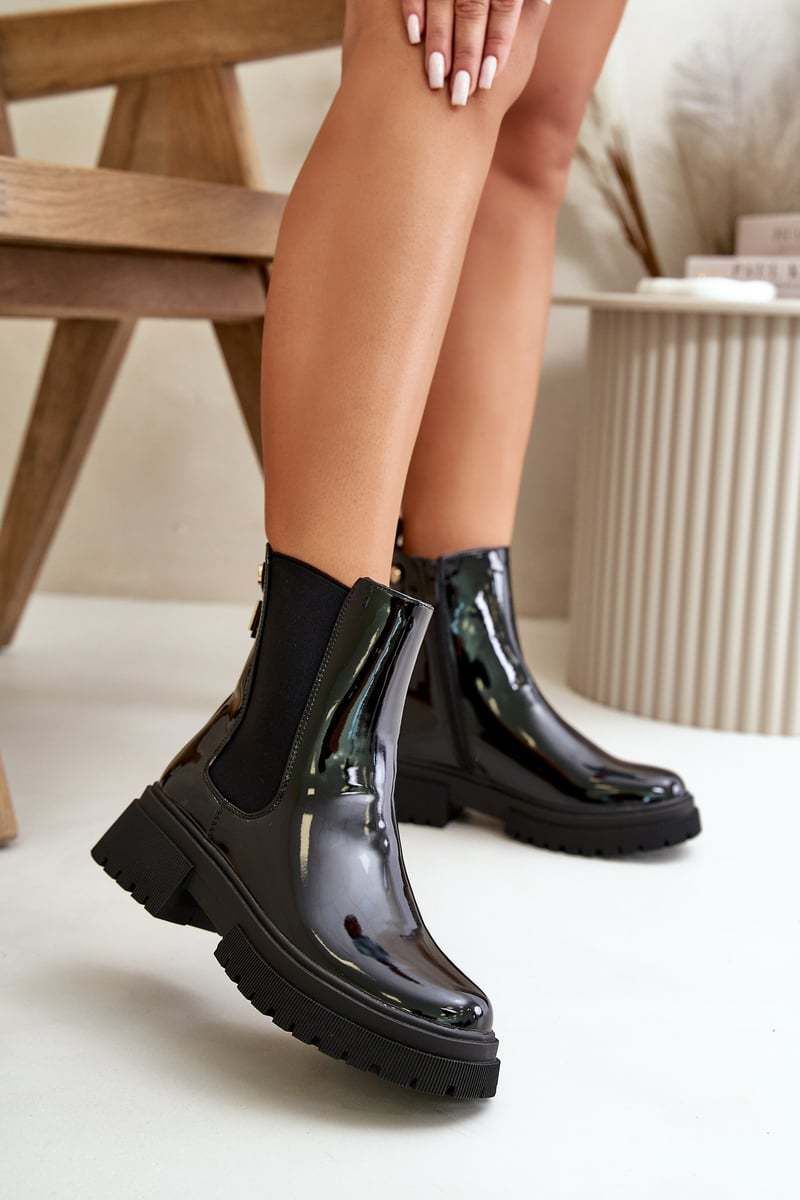 Patent Leather Ankle Boots with Zipper Insulated Black Groesta
