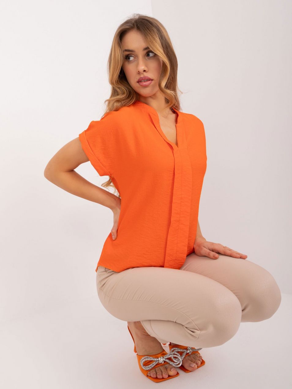 Orange smooth blouse with stand-up collar SUBLEVEL
