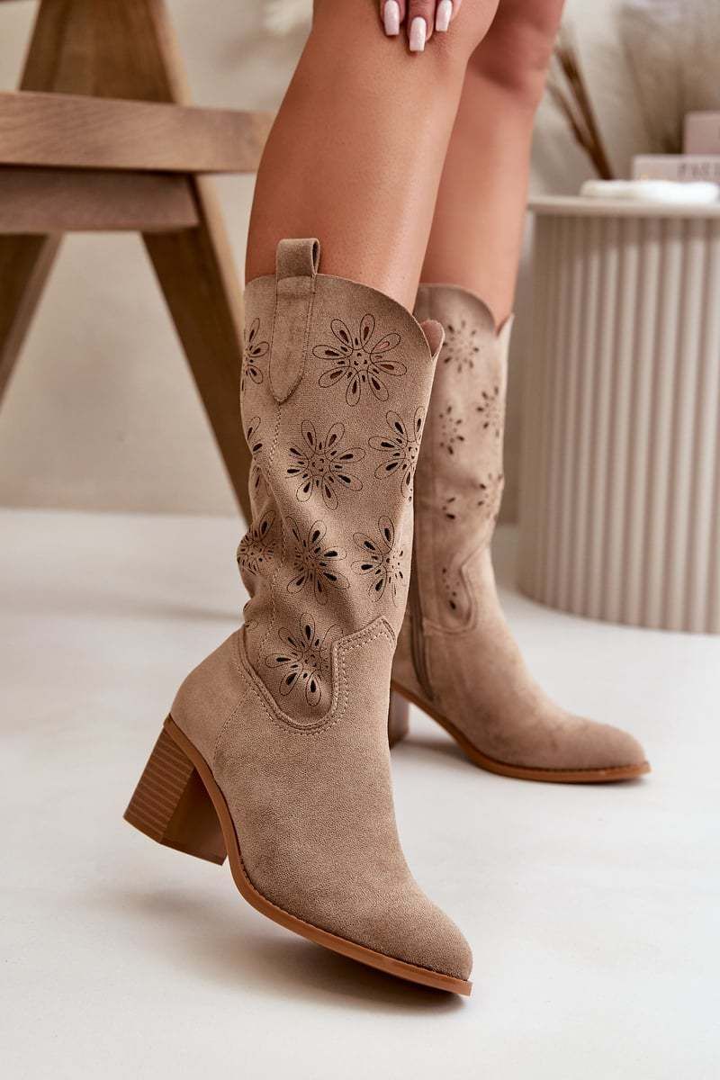 Women's half-calf openwork boots made of eco suede beige Nevilos