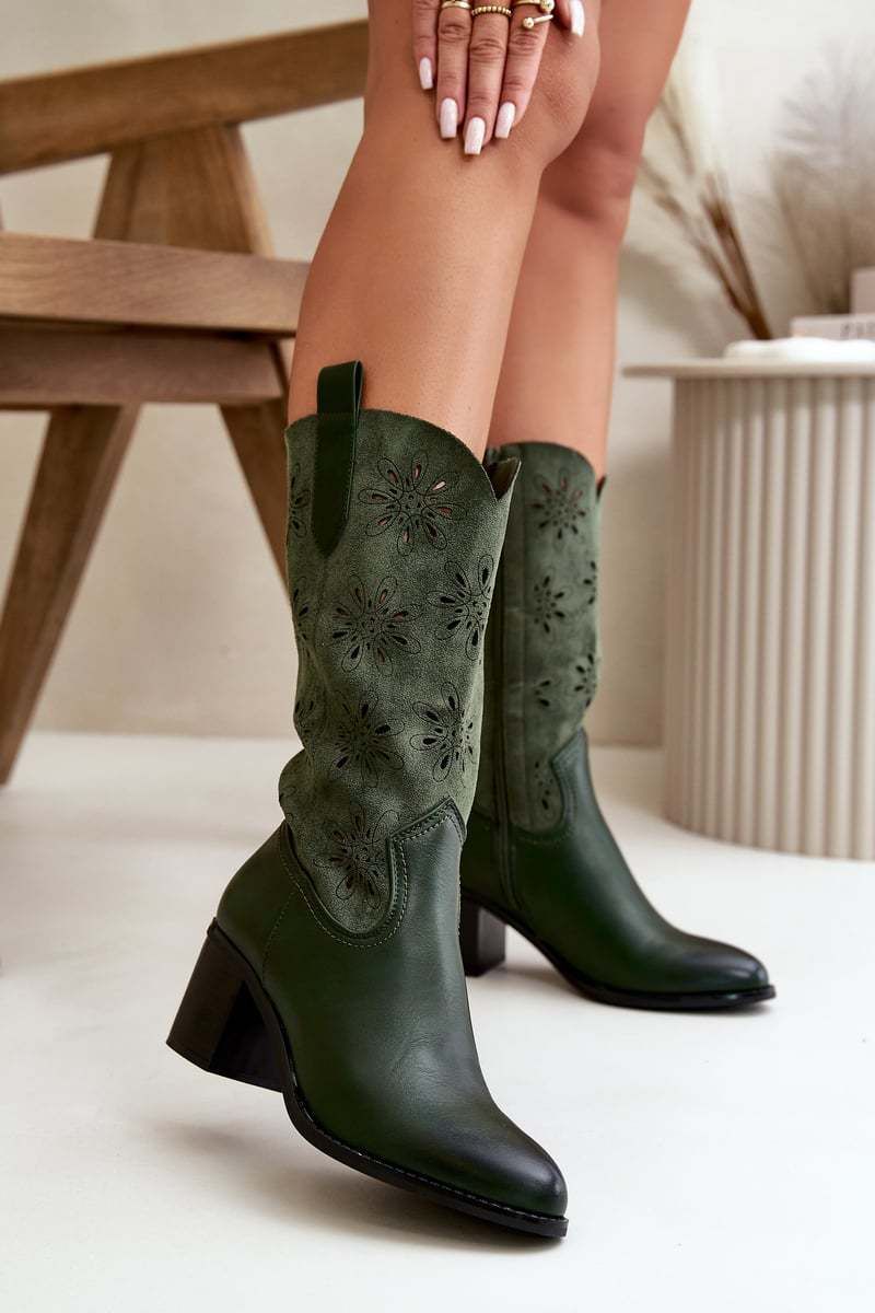 Women's mid-calf openwork boots made of eco suede green Nevilos