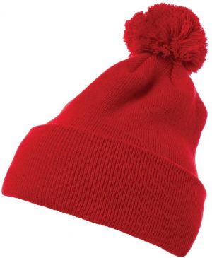 Pom Pom Knit hat with cuff red