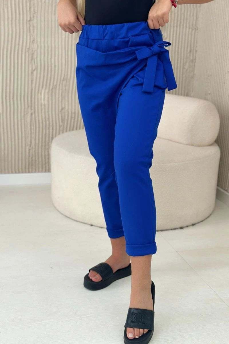 Viscose trousers with asymmetrical binding in cornflower blue front