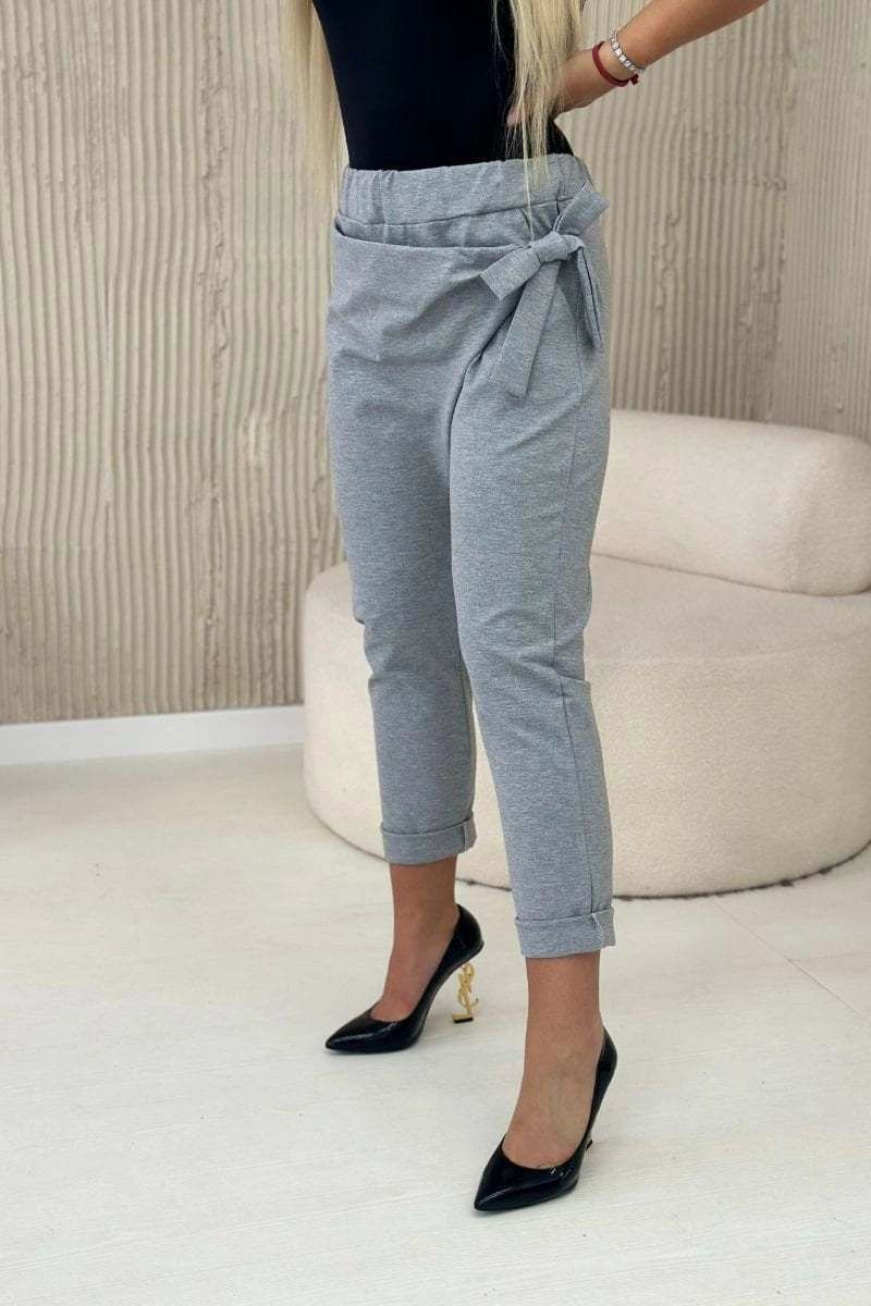 Viscose pants with asymmetrical front binding, grey