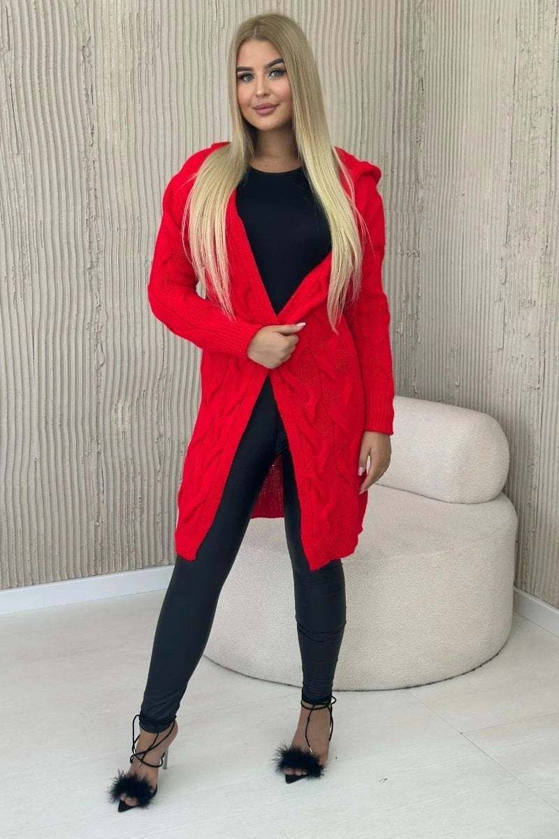 Red cardigan with hood