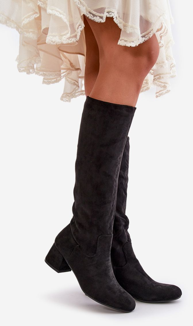 Eco Suede Women's Knee Boots Front Knee With Zip Black Elitar