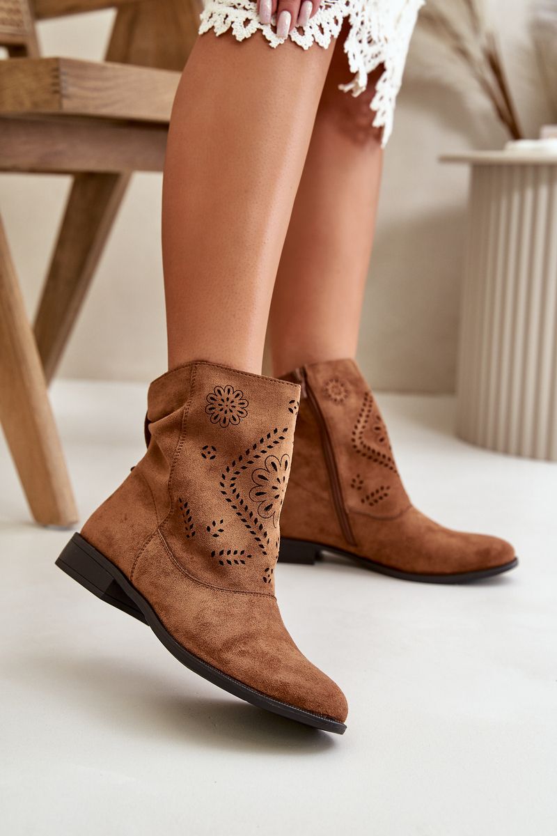 Openwork Women's Low Ankle Boots With Zipper Brown Irinette