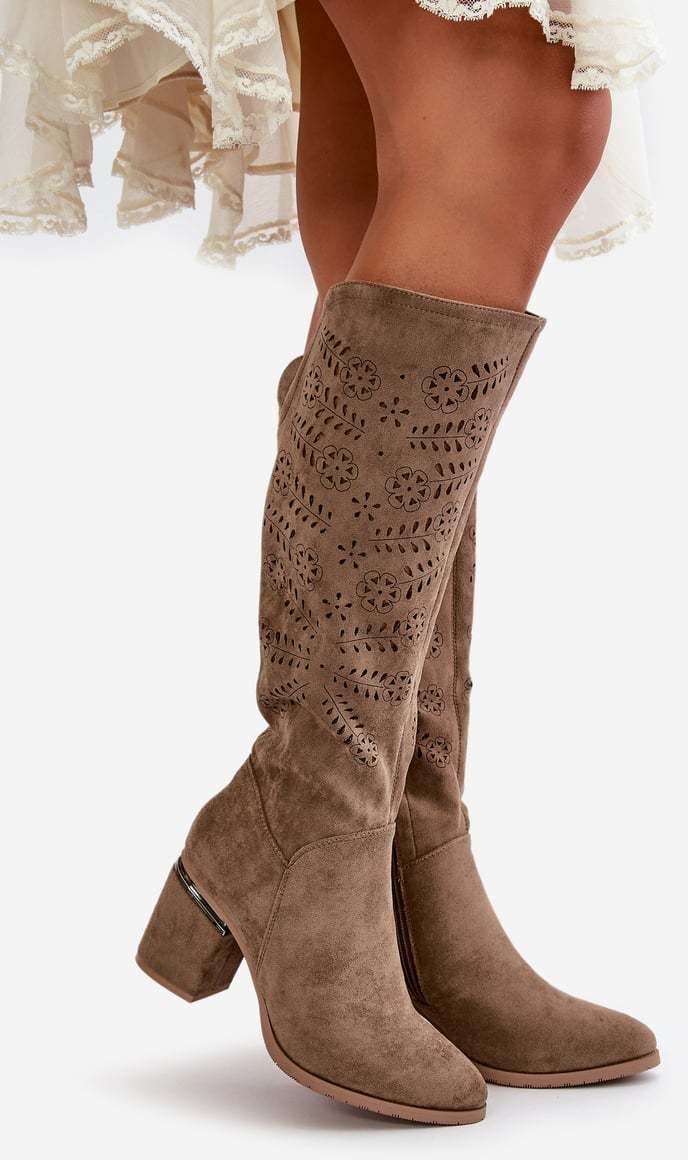 Openwork women's boots on a heel made of eco suede Vinceza 16443 dark beige