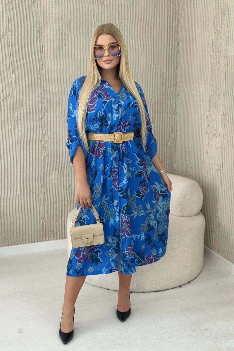Viscose dress with a belt in cornflower blue