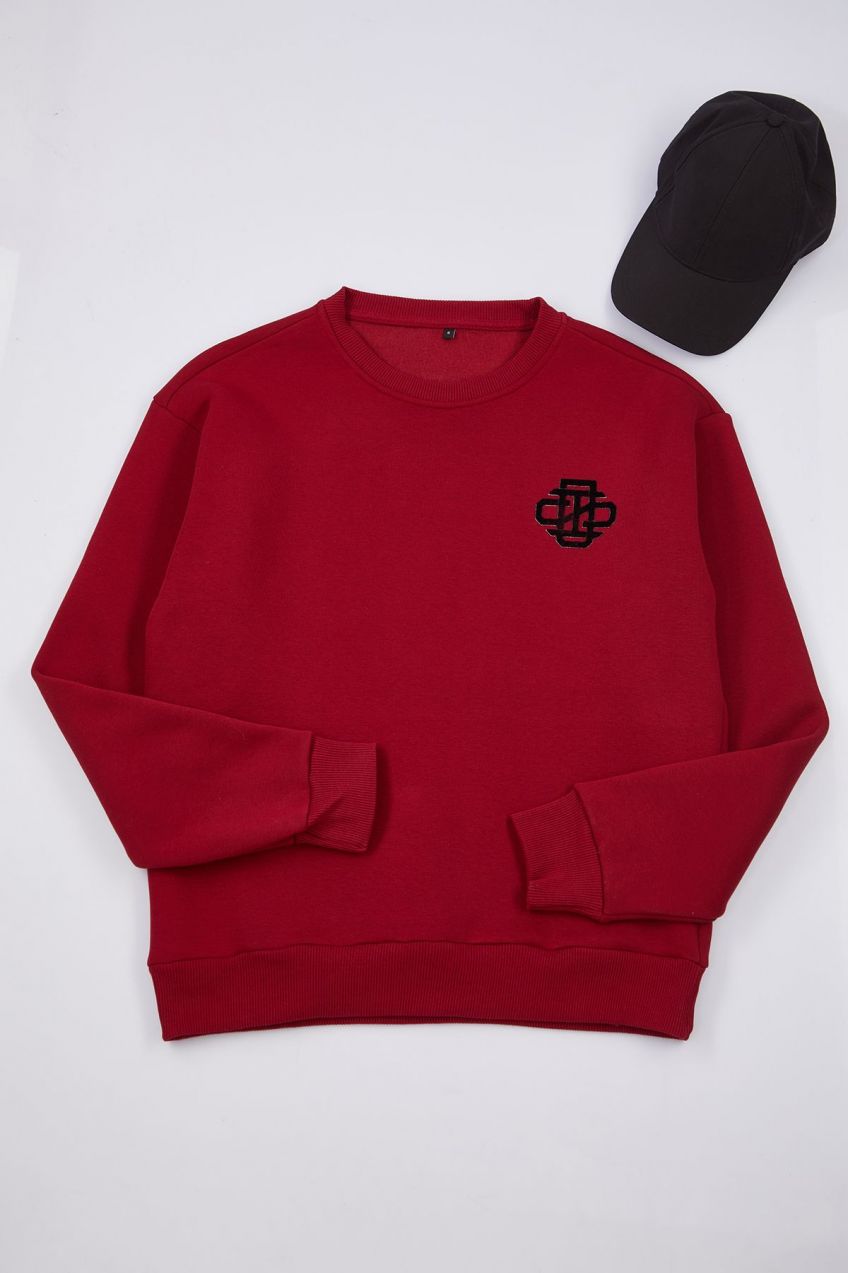Trendyol Claret Red Oversize/Wide Cut Thick Sweatshirt with Embroidery Detail