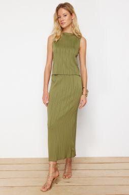 Trendyol Khaki Textured Zero Sleeve Maxi Knitted Blouse/Skirt Top-Bottom Set