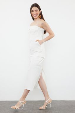 Trendyol Ecru Straight Cut Strapless Pocket Detailed Gabardine Woven Midi Dress
